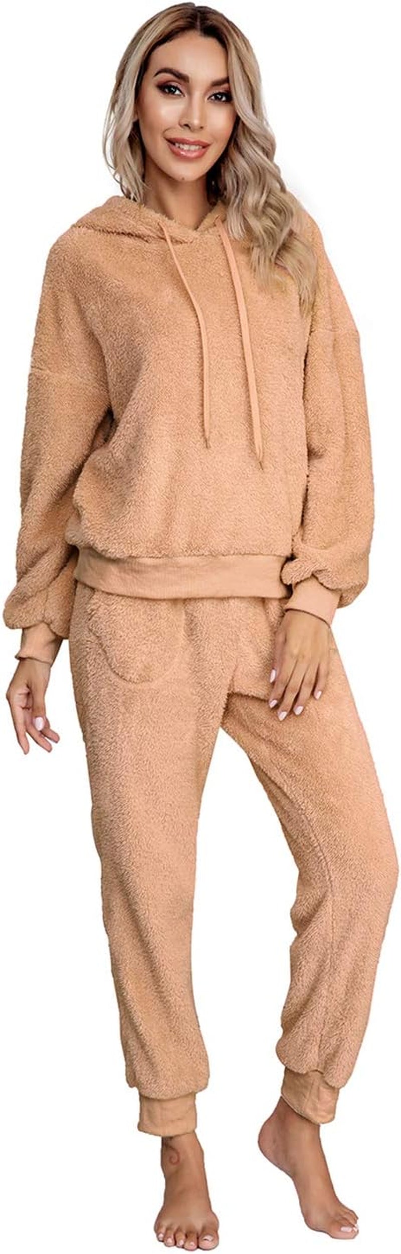 SIAEAMRG Womens Fuzzy Sherpa Fleece Pajamas Set, Long Sleeve Hoodies Pajama Pants 2 Piece Outfits Loungewear Sleepwear