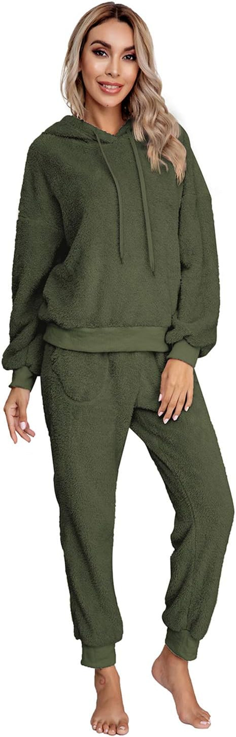 SIAEAMRG Womens Fuzzy Sherpa Fleece Pajamas Set, Long Sleeve Hoodies Pajama Pants 2 Piece Outfits Loungewear Sleepwear