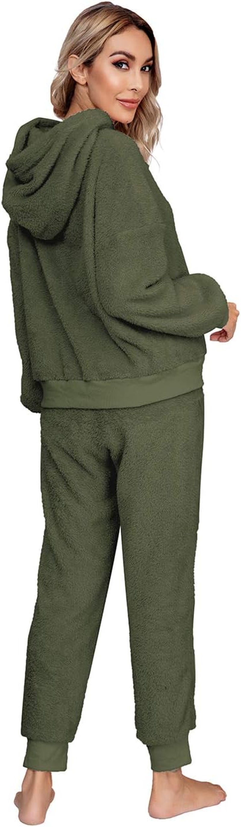 SIAEAMRG Womens Fuzzy Sherpa Fleece Pajamas Set, Long Sleeve Hoodies Pajama Pants 2 Piece Outfits Loungewear Sleepwear