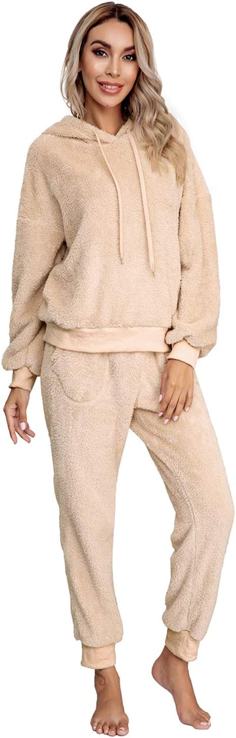 SIAEAMRG Womens Fuzzy Sherpa Fleece Pajamas Set, Long Sleeve Hoodies Pajama Pants 2 Piece Outfits Loungewear Sleepwear