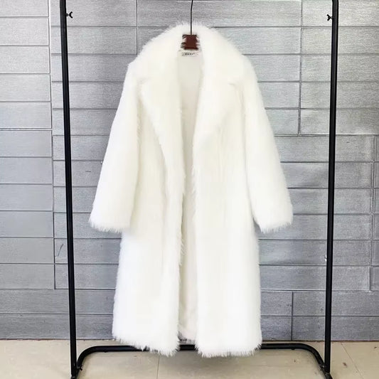 White Long Faux Fur Coat Women Autumn Winter Large Jacket Overcoat Turn down Collar Pockets Thick Coat Warm Jackets Maxi Coats