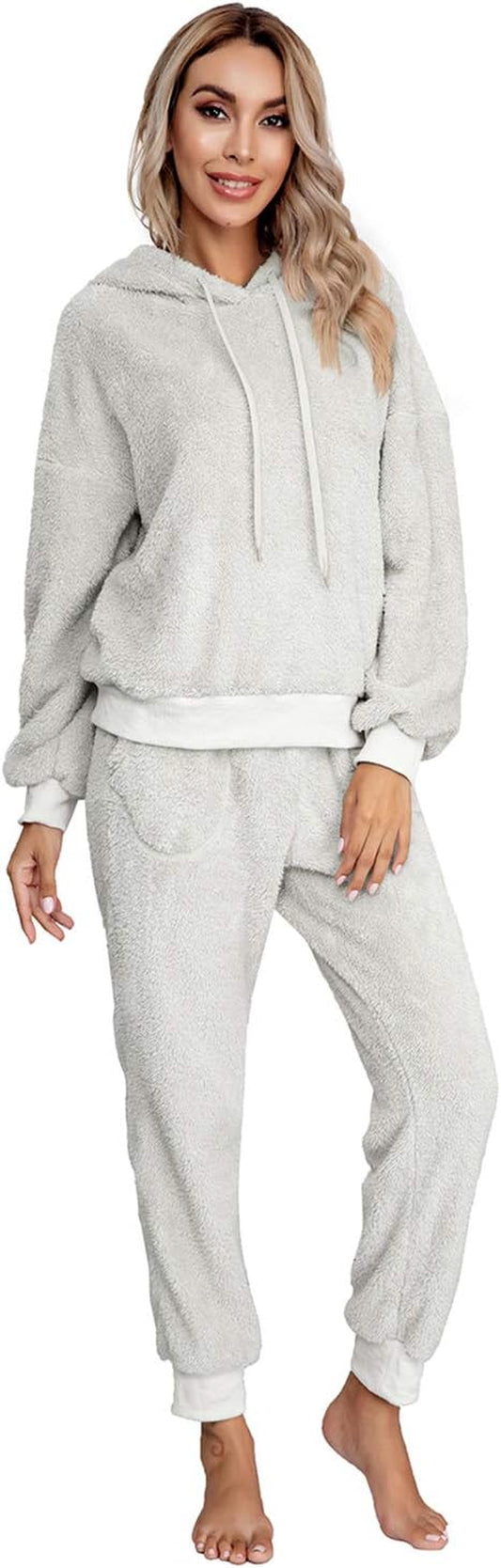 SIAEAMRG Womens Fuzzy Sherpa Fleece Pajamas Set, Long Sleeve Hoodies Pajama Pants 2 Piece Outfits Loungewear Sleepwear