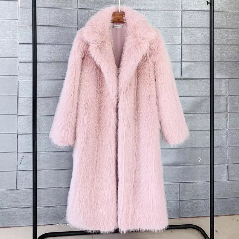 White Long Faux Fur Coat Women Autumn Winter Large Jacket Overcoat Turn down Collar Pockets Thick Coat Warm Jackets Maxi Coats