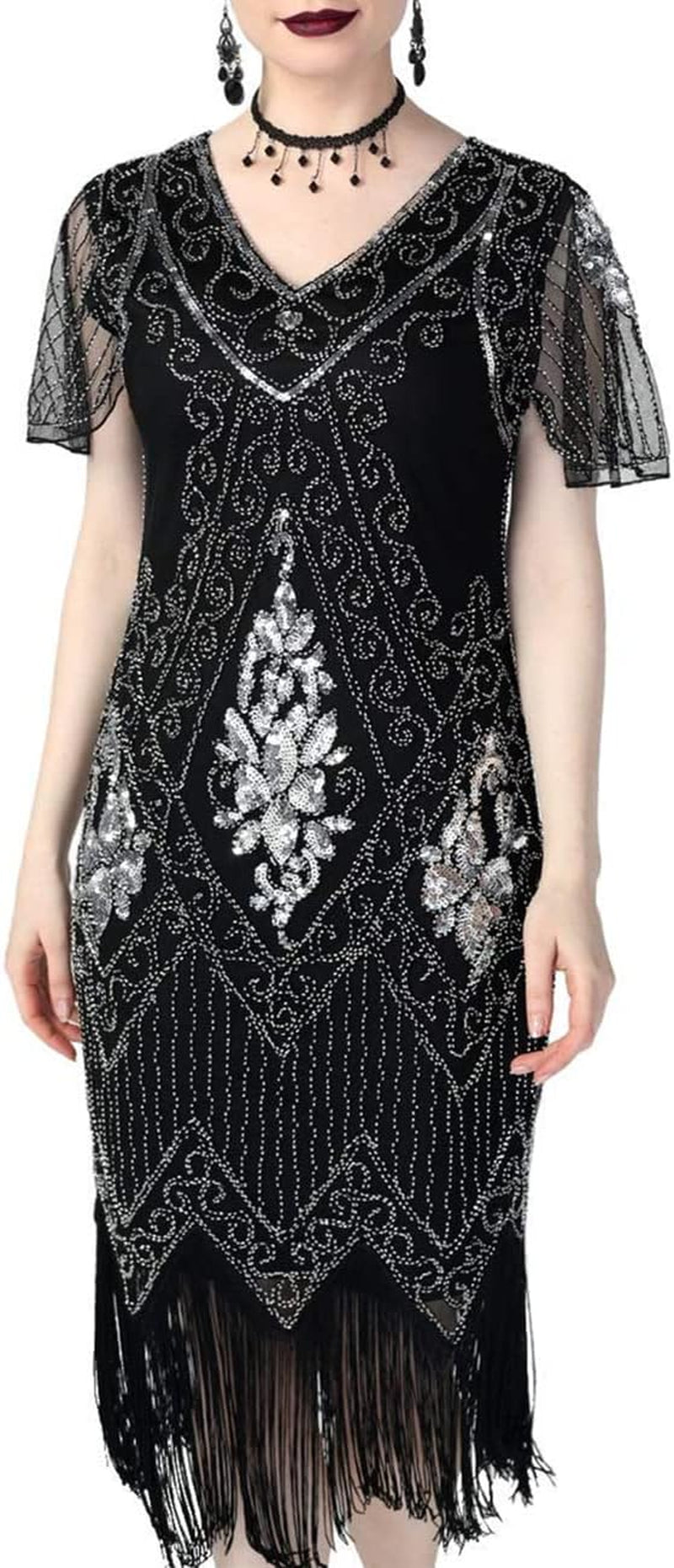 Kayamiya Women'S Flapper Dresses 1920S Sequins Art Deco Gatsby Cocktail Dress with Sleeve