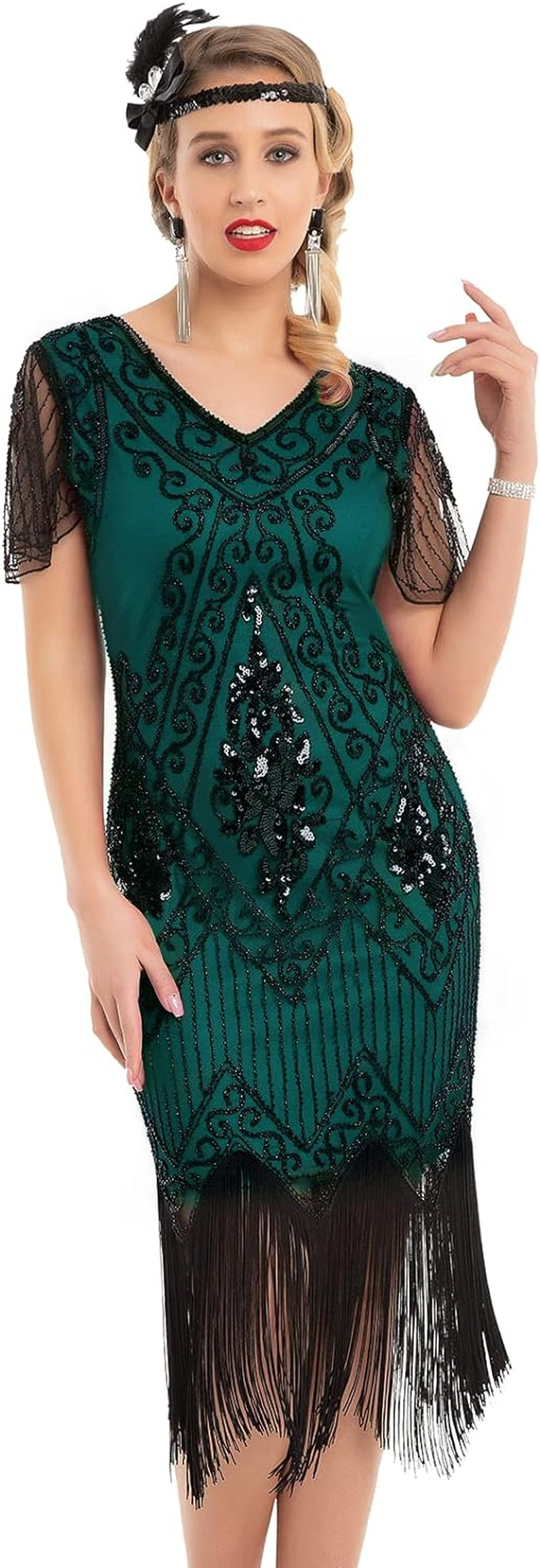 Kayamiya Women'S Flapper Dresses 1920S Sequins Art Deco Gatsby Cocktail Dress with Sleeve