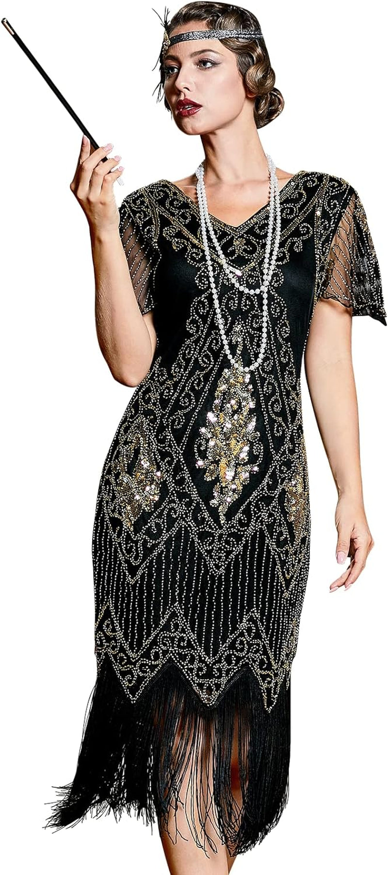 Kayamiya Women'S Flapper Dresses 1920S Sequins Art Deco Gatsby Cocktail Dress with Sleeve