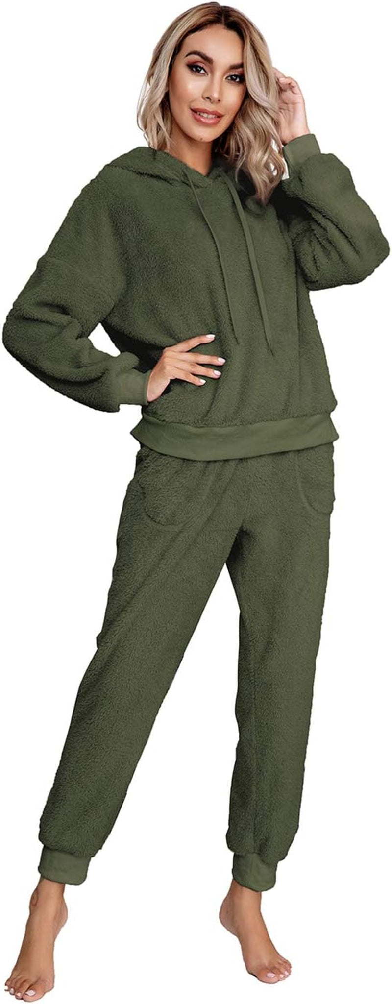 SIAEAMRG Womens Fuzzy Sherpa Fleece Pajamas Set, Long Sleeve Hoodies Pajama Pants 2 Piece Outfits Loungewear Sleepwear