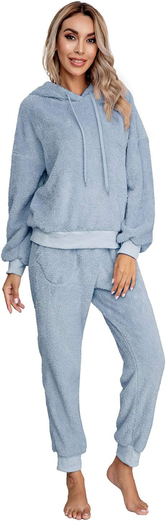 SIAEAMRG Womens Fuzzy Sherpa Fleece Pajamas Set, Long Sleeve Hoodies Pajama Pants 2 Piece Outfits Loungewear Sleepwear