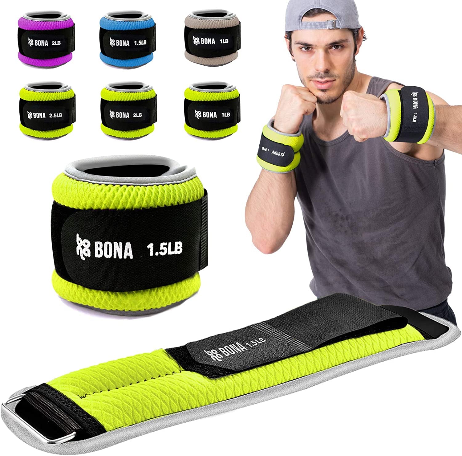 BONA Fitness Adjustable Ankle Weights with Reflective Trim/2-5Lbs (1 Pair) Durable Ankle Wrist Weights Set for Women Men with Strap/Best for Walking, Jogging, Gymnastics Arm Leg Weights