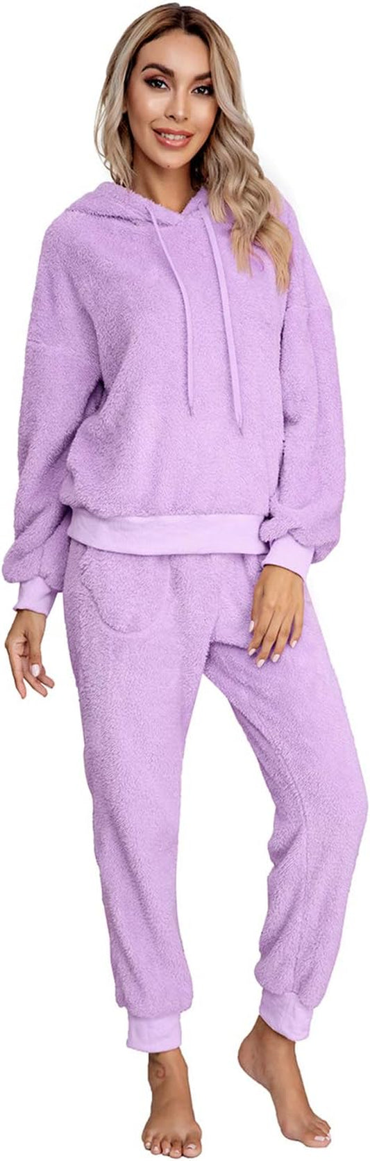 SIAEAMRG Womens Fuzzy Sherpa Fleece Pajamas Set, Long Sleeve Hoodies Pajama Pants 2 Piece Outfits Loungewear Sleepwear