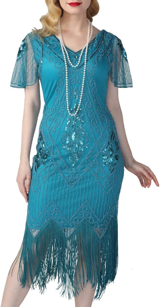 Kayamiya Women'S Flapper Dresses 1920S Sequins Art Deco Gatsby Cocktail Dress with Sleeve