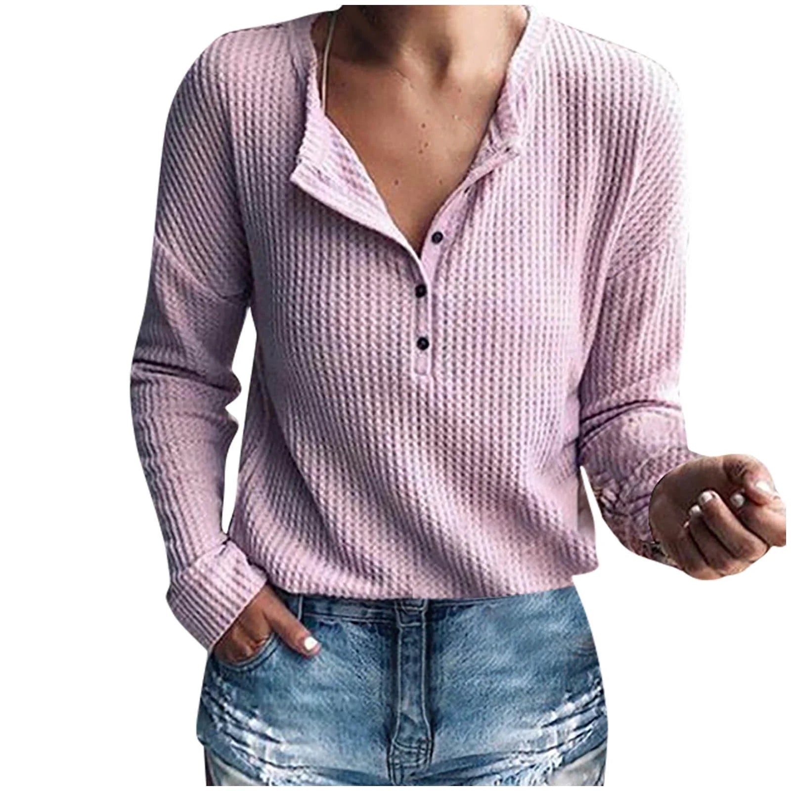 Womens Waffle Knit Tunic Top Long Sleeve V Neck Button up Casual Tops Ribbed Solid Color Henley T Shirts Blouse