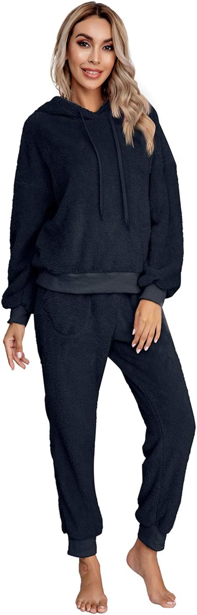 SIAEAMRG Womens Fuzzy Sherpa Fleece Pajamas Set, Long Sleeve Hoodies Pajama Pants 2 Piece Outfits Loungewear Sleepwear