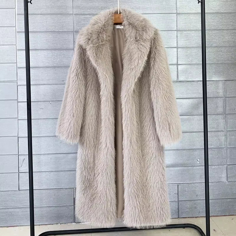 White Long Faux Fur Coat Women Autumn Winter Large Jacket Overcoat Turn down Collar Pockets Thick Coat Warm Jackets Maxi Coats