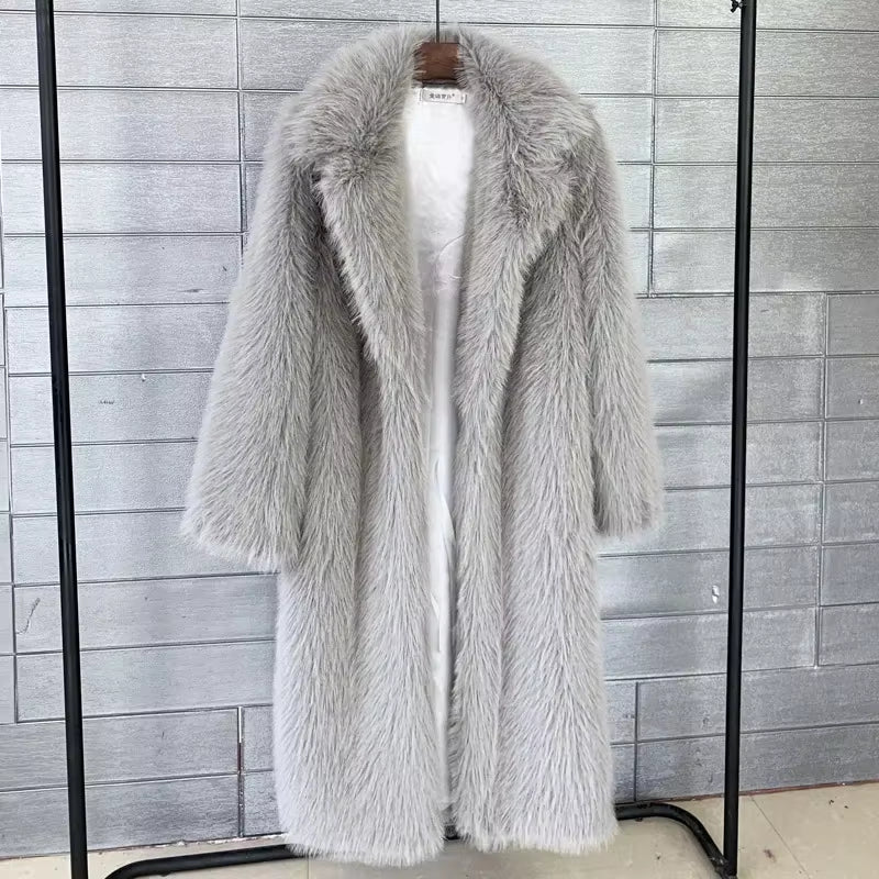 White Long Faux Fur Coat Women Autumn Winter Large Jacket Overcoat Turn down Collar Pockets Thick Coat Warm Jackets Maxi Coats