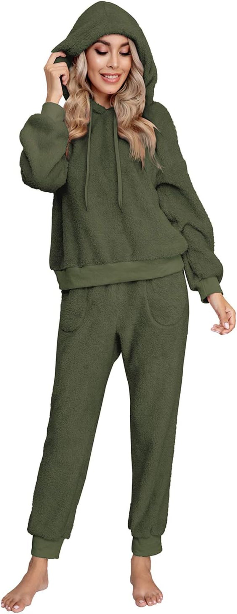 SIAEAMRG Womens Fuzzy Sherpa Fleece Pajamas Set, Long Sleeve Hoodies Pajama Pants 2 Piece Outfits Loungewear Sleepwear