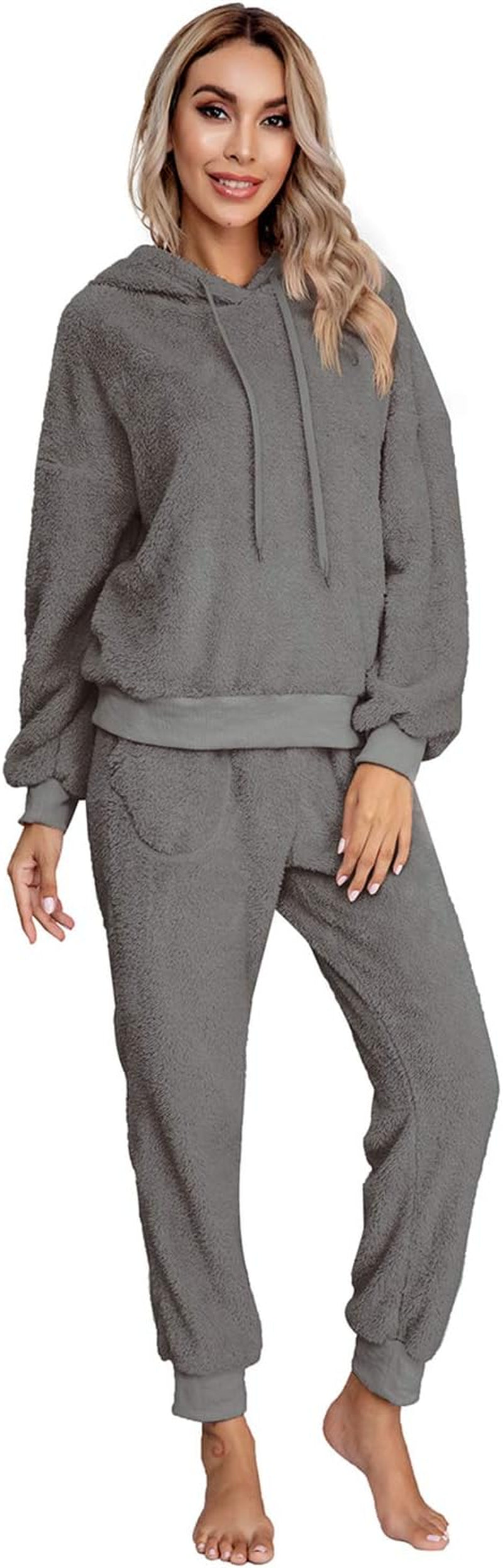 SIAEAMRG Womens Fuzzy Sherpa Fleece Pajamas Set, Long Sleeve Hoodies Pajama Pants 2 Piece Outfits Loungewear Sleepwear