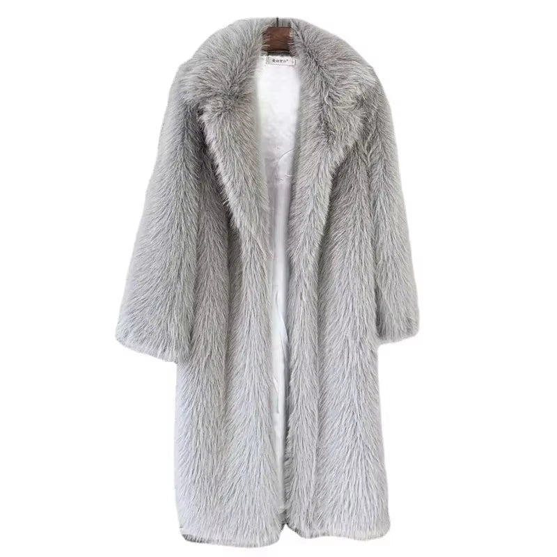 White Long Faux Fur Coat Women Autumn Winter Large Jacket Overcoat Turn down Collar Pockets Thick Coat Warm Jackets Maxi Coats