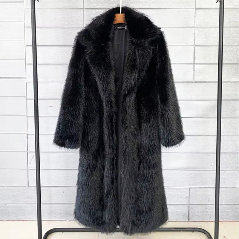 White Long Faux Fur Coat Women Autumn Winter Large Jacket Overcoat Turn down Collar Pockets Thick Coat Warm Jackets Maxi Coats