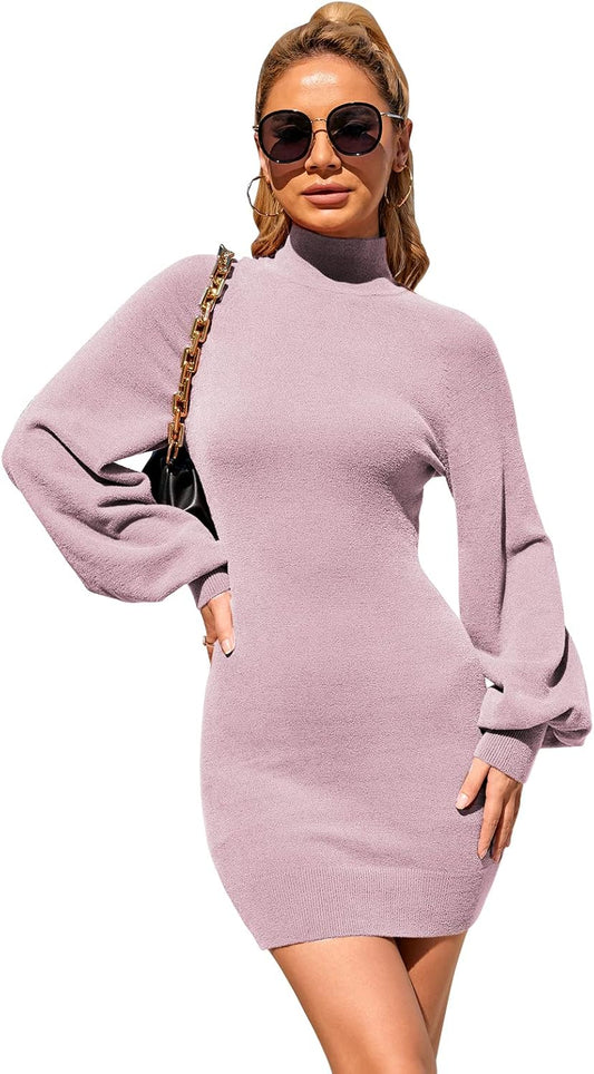 EXLURA Women'S 2025 Mock Neck Ribbed Long Sleeve Bodycon Pullover Cute Mini Sweater Dress