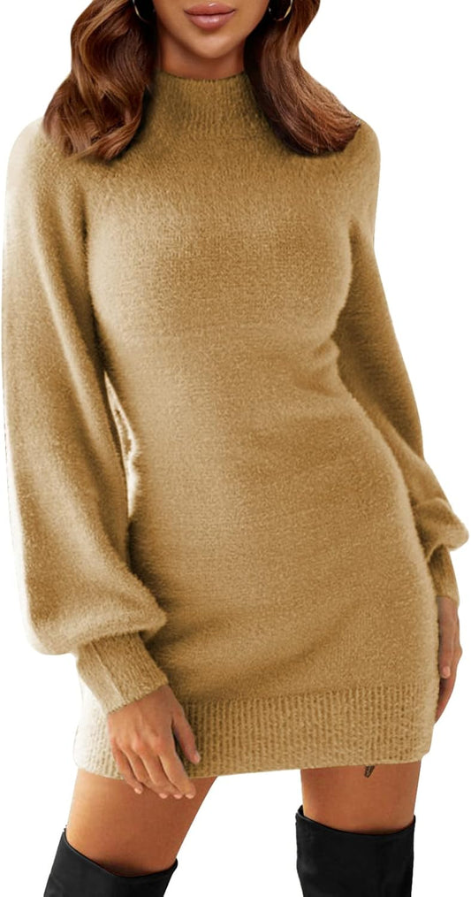 EXLURA Women'S 2025 Mock Neck Ribbed Long Sleeve Bodycon Pullover Cute Mini Sweater Dress