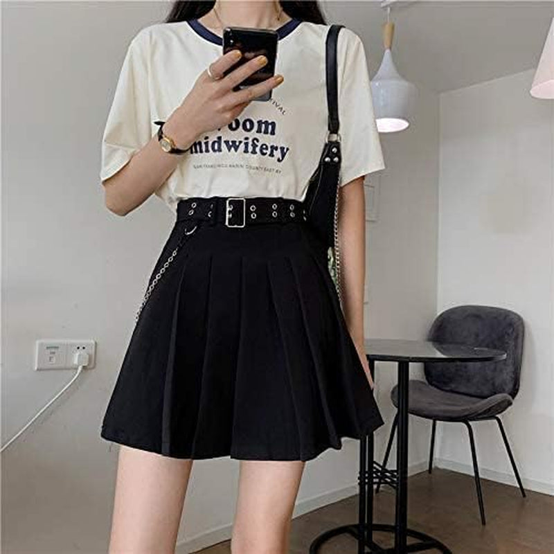 TOPVEST Solid Black High Waist a Line Skirt Goth Punk Waist Chain Belt Pleated Mini Skirt