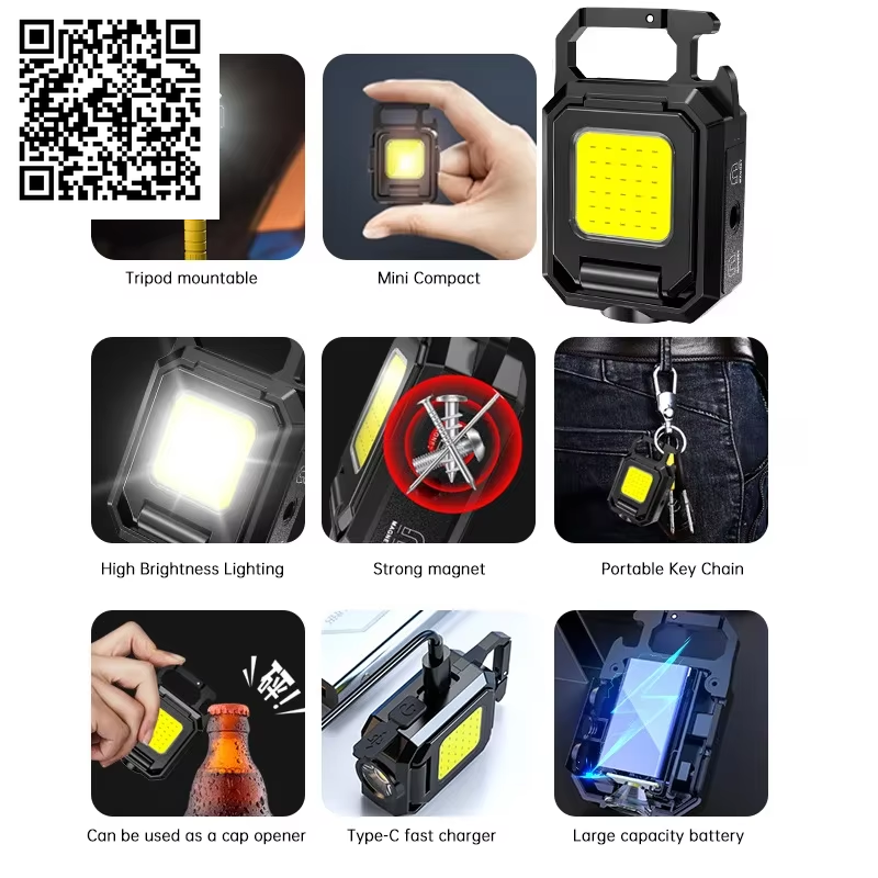 Mini Flashlight Keychain Light COB Work Light USB Rechargeable Lamp with 90° Foldable Side Lights Super Bright Portable Lanterns