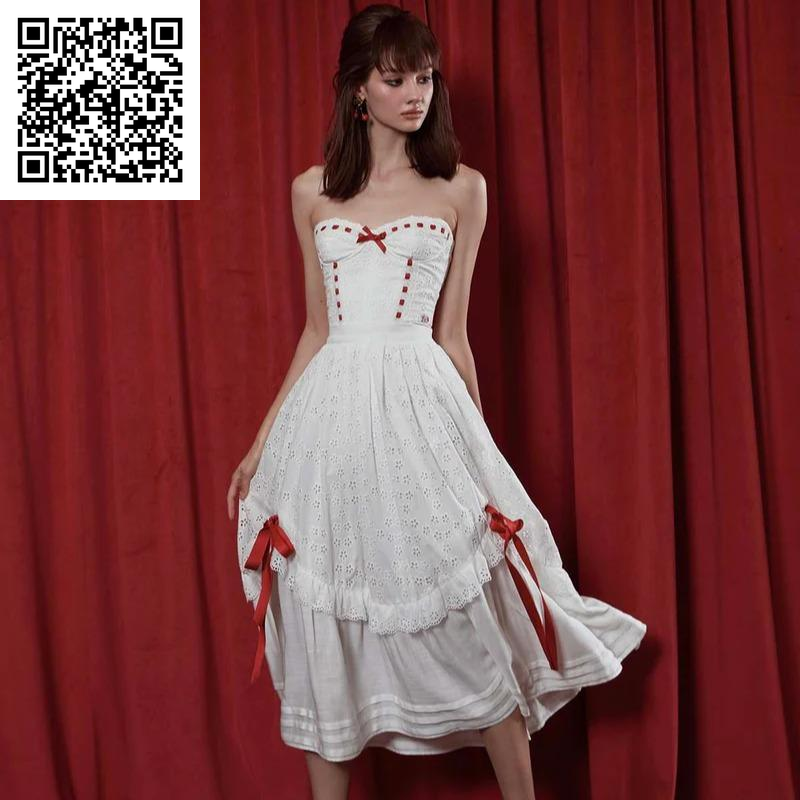 The Red Ballroom Set- 2024 White Summer Wedding Drawstring Design Dress Women Clothes Hollow Lace Cotton