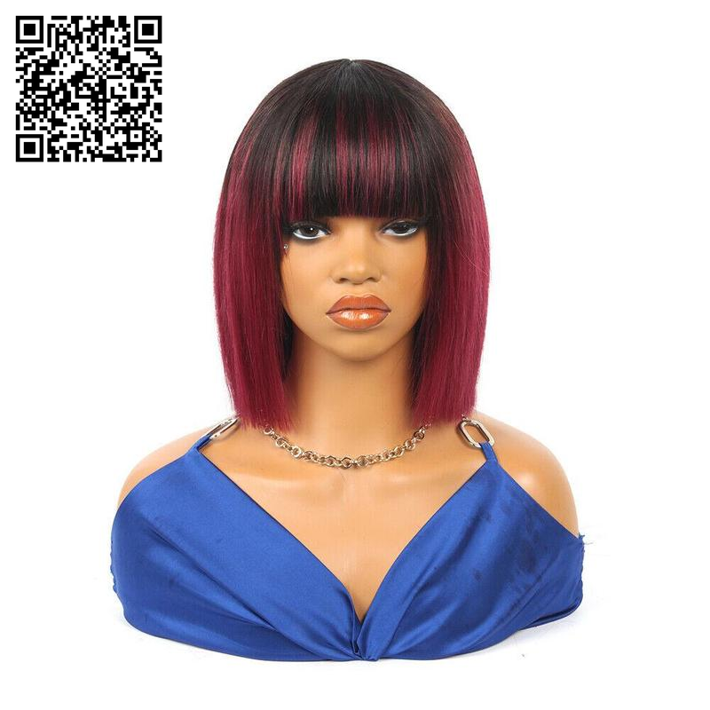 10 Inch Straight Short Bob with Bangs Human Hair None Lace Front Wigs Brazilian Remy Martin Hair Full Machine Made Glueless Wig with Bangs 180% Density Wig for Black Women Human Hair Bob Wig