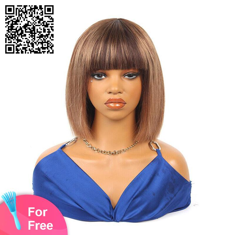 10 Inch Straight Short Bob with Bangs Human Hair None Lace Front Wigs Brazilian Remy Martin Hair Full Machine Made Glueless Wig with Bangs 180% Density Wig for Black Women Human Hair Bob Wig