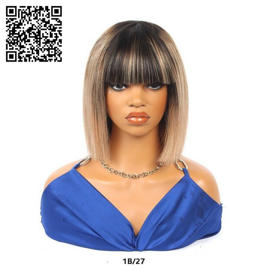 10 Inch Straight Short Bob with Bangs Human Hair None Lace Front Wigs Brazilian Remy Martin Hair Full Machine Made Glueless Wig with Bangs 180% Density Wig for Black Women Human Hair Bob Wig