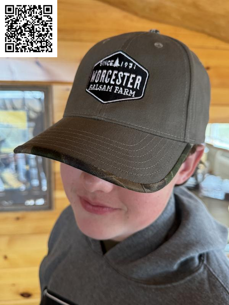 Worcester Balsam Farm Baseball Hat with Logo and Camo Edge, Adjustable