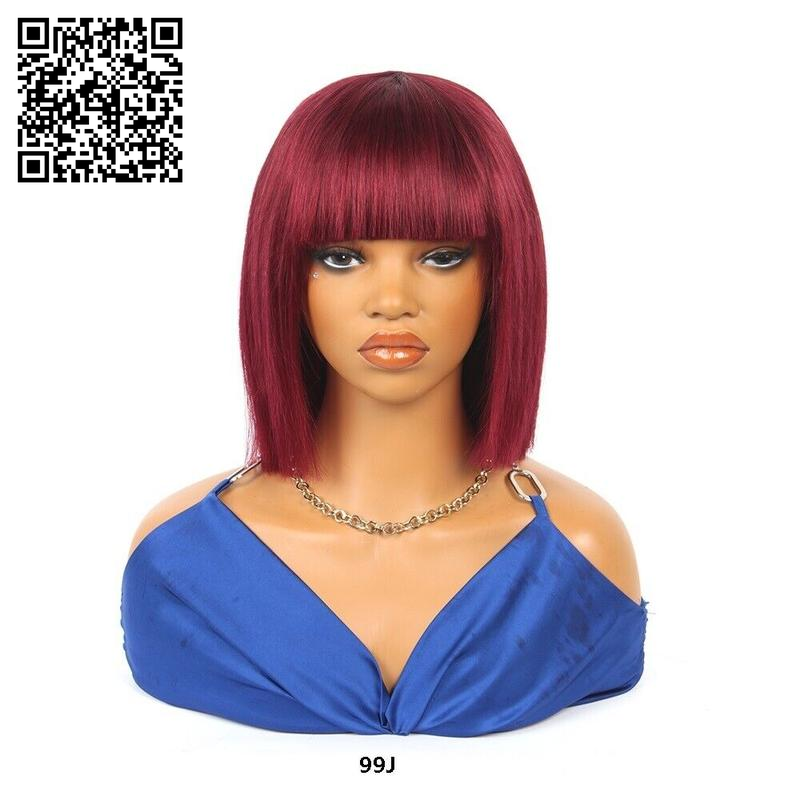 10 Inch Straight Short Bob with Bangs Human Hair None Lace Front Wigs Brazilian Remy Martin Hair Full Machine Made Glueless Wig with Bangs 180% Density Wig for Black Women Human Hair Bob Wig