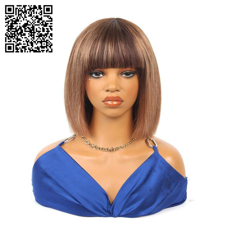 10 Inch Straight Short Bob with Bangs Human Hair None Lace Front Wigs Brazilian Remy Martin Hair Full Machine Made Glueless Wig with Bangs 180% Density Wig for Black Women Human Hair Bob Wig