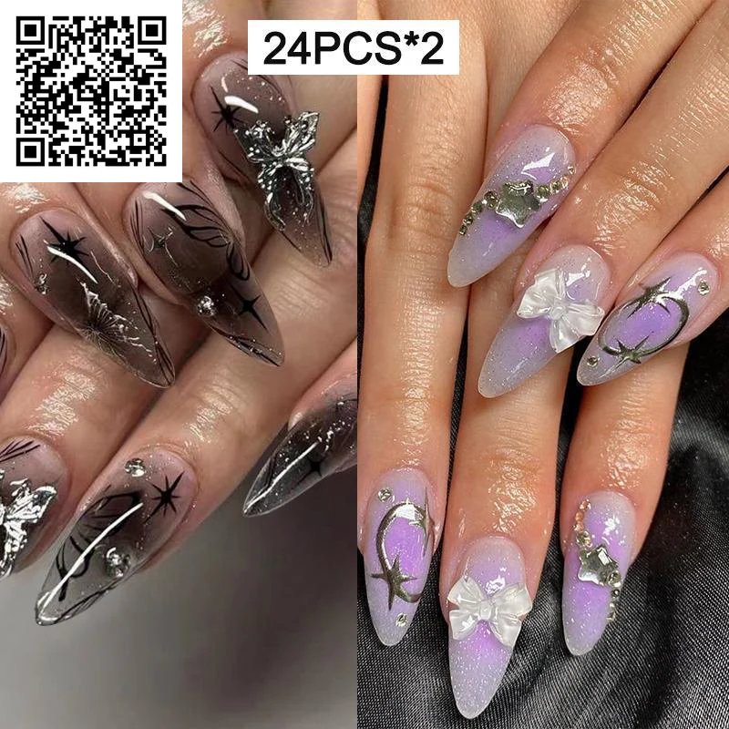 Gradient 3D Butterfly Decor Press on Fake Nail for Women & Girls Nail Art, 24Pcs/Set Rhinestone Decor Fashion Press on Nails & Jelly Tape & Nail File, Elegant Stick on Nails Kit for Women'S Gift, Nail Kit Acrylic Set