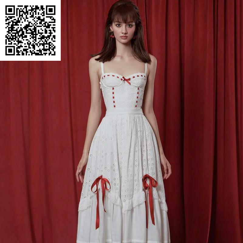 The Red Ballroom Set- 2024 White Summer Wedding Drawstring Design Dress Women Clothes Hollow Lace Cotton