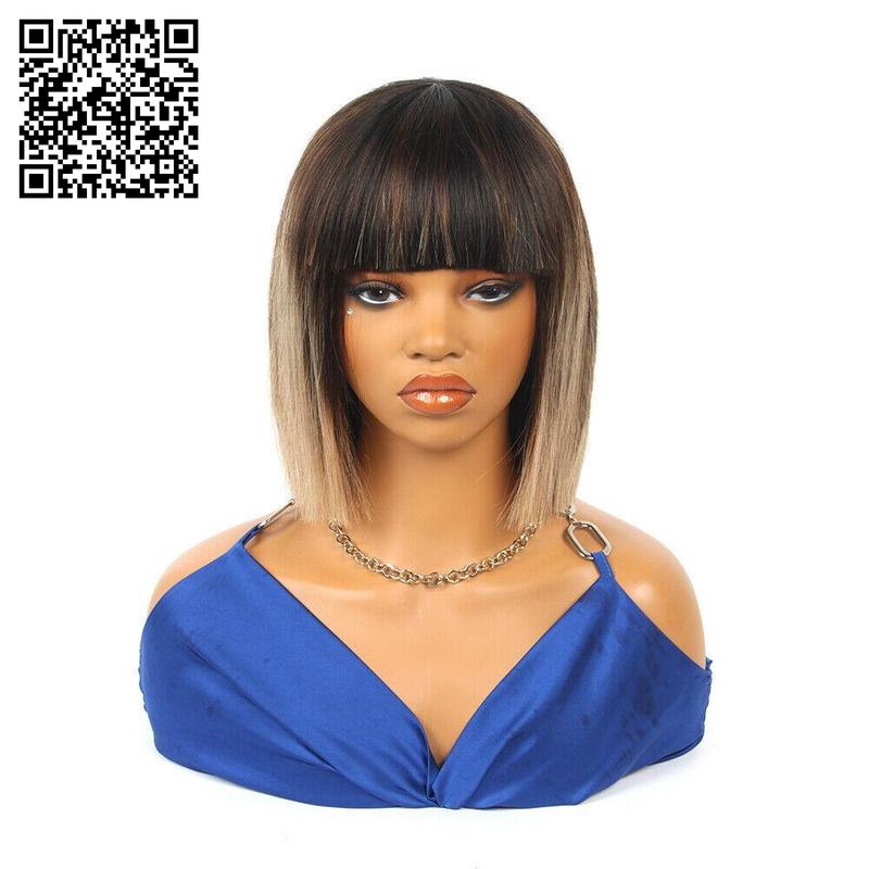 10 Inch Straight Short Bob with Bangs Human Hair None Lace Front Wigs Brazilian Remy Martin Hair Full Machine Made Glueless Wig with Bangs 180% Density Wig for Black Women Human Hair Bob Wig