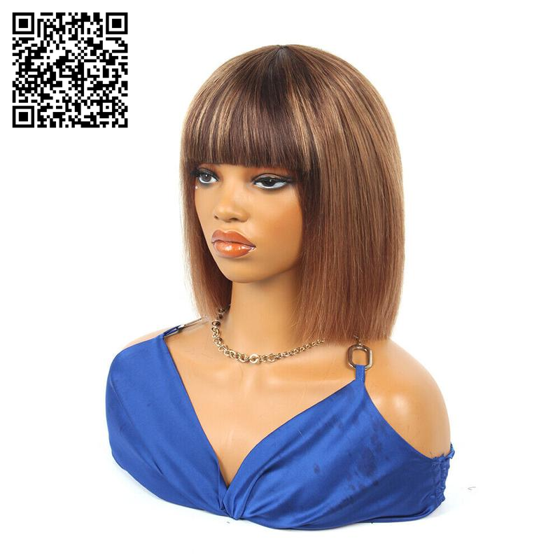 10 Inch Straight Short Bob with Bangs Human Hair None Lace Front Wigs Brazilian Remy Martin Hair Full Machine Made Glueless Wig with Bangs 180% Density Wig for Black Women Human Hair Bob Wig