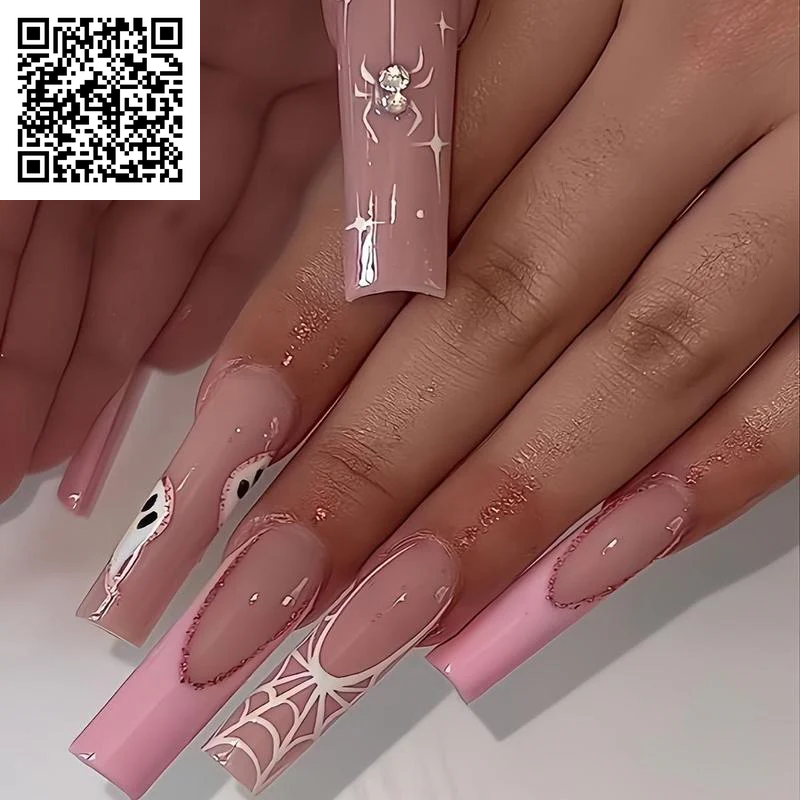 Glossy Pink Edge Ghost Spider Web Fake Nails with Jelly Glue & Rubbing Strip, 24Pcs Artificial Full Covers Nail Art Kit, Halloween Accessories, Nail Transitions