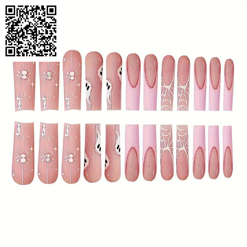 Glossy Pink Edge Ghost Spider Web Fake Nails with Jelly Glue & Rubbing Strip, 24Pcs Artificial Full Covers Nail Art Kit, Halloween Accessories, Nail Transitions