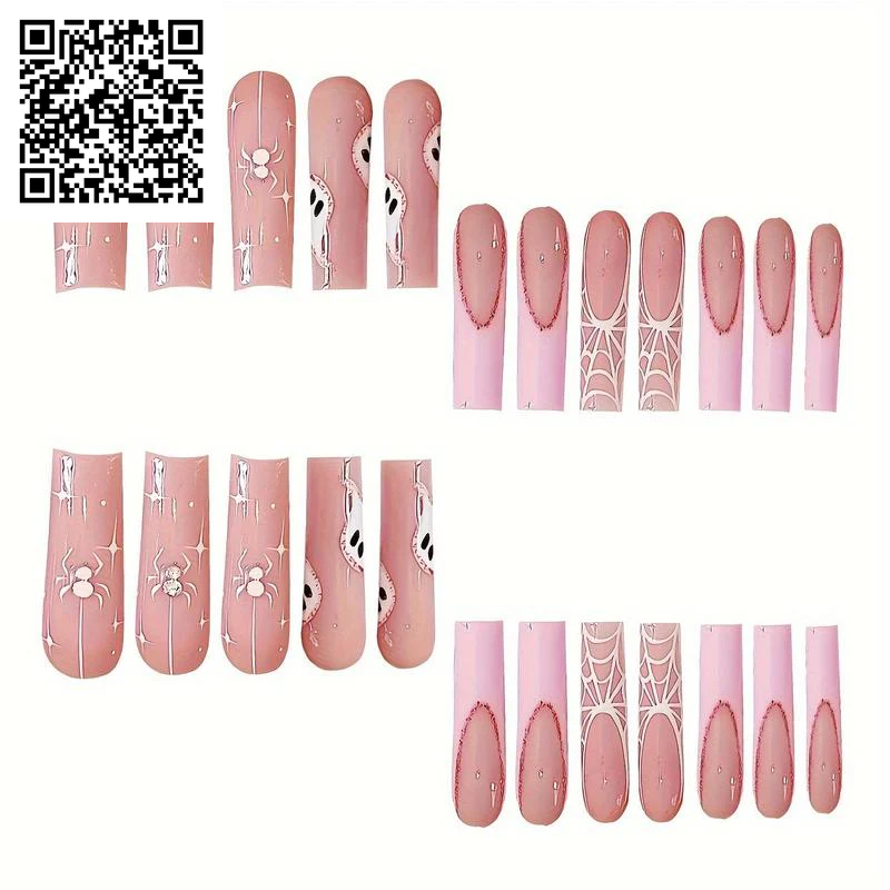 Glossy Pink Edge Ghost Spider Web Fake Nails with Jelly Glue & Rubbing Strip, 24Pcs Artificial Full Covers Nail Art Kit, Halloween Accessories, Nail Transitions