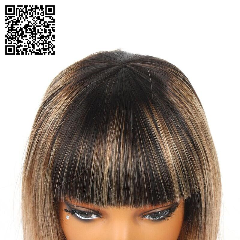 10 Inch Straight Short Bob with Bangs Human Hair None Lace Front Wigs Brazilian Remy Martin Hair Full Machine Made Glueless Wig with Bangs 180% Density Wig for Black Women Human Hair Bob Wig