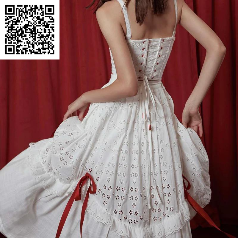 The Red Ballroom Set- 2024 White Summer Wedding Drawstring Design Dress Women Clothes Hollow Lace Cotton