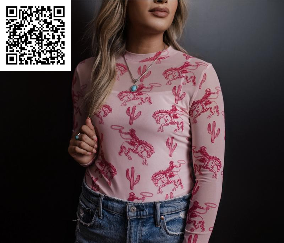 Western Rodeo Printed Long Sleeve Velvet Mesh Top with Broncos and Cactus Detail, 100% Polyester, Casual Medium, Breathable Fabric, Pull On, Semi-Sheer